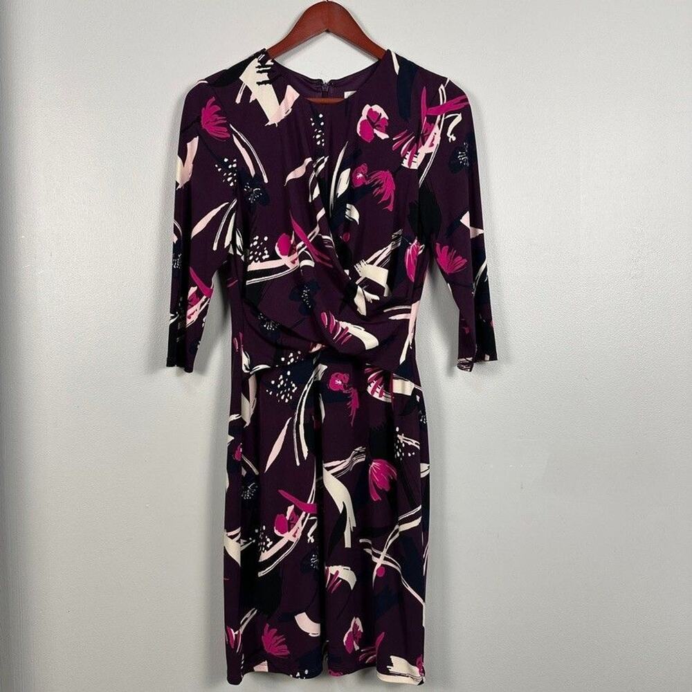 Eliza J Crossover Bodice Sheath Jersey Dress 3/4 Sleeve Size 10 Purple Print